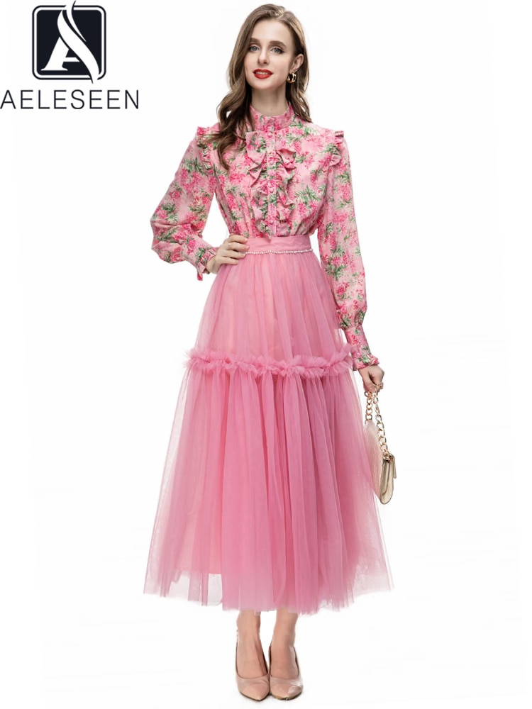 AELESEEN Runway Fashion Women 2 Pieces Skirt Set Summer Pink Flower Print Blouse + Pearls Gauze Ruffles Skirt Sweety Party Set