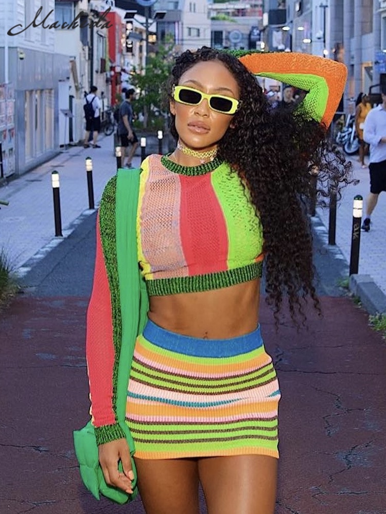 Macheda Colorful Knitted Two Piece Set Women 2023 Autumn Winter Long Sleeve Crop Top and Mini Skirt Streetwear Y2K Matching Set