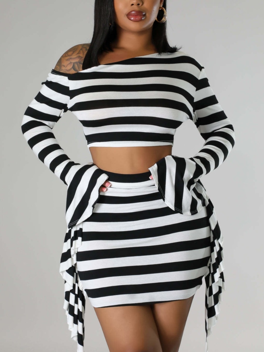 LW Plus Size Women Dress 2023 Autumn New Crop Top Zebra Striped Slanted Shoulder Ruffled Fringed Flared Two Piece Mini Skirt Set