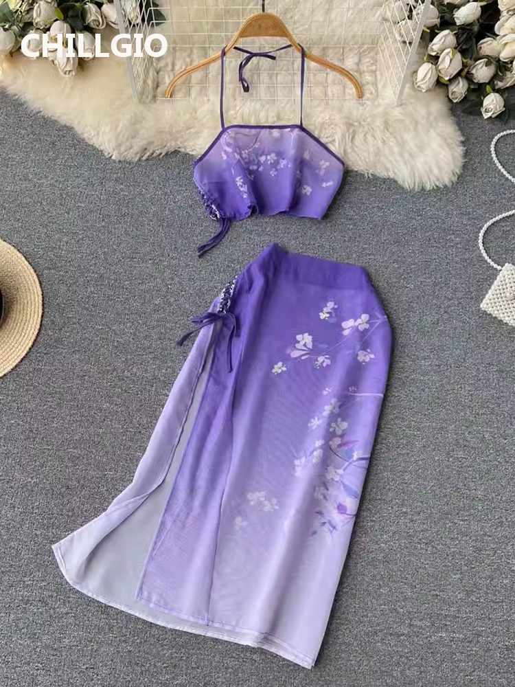 CHILLGIO Women Floral Print Skirts Suits Bodycon Slim Retro Camisole Split Skirt Sleepwear Erotic Fashion Sexy Exotic Pajams Set