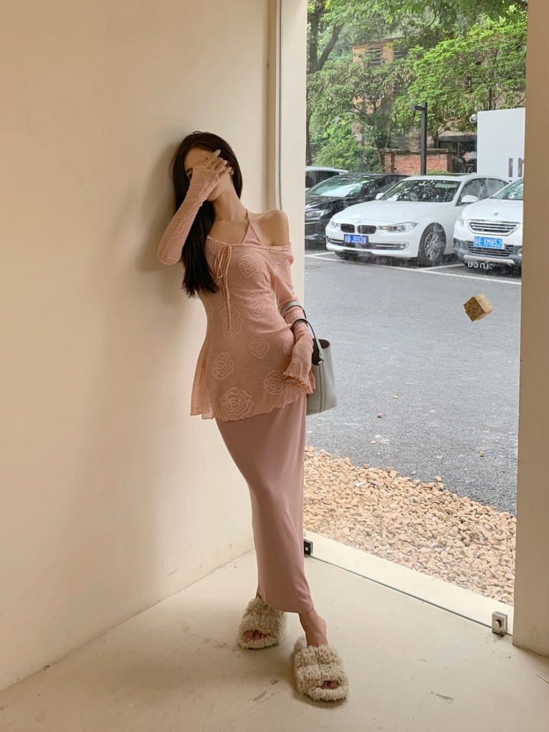 Summer Female Clothes Set Sweet Long Sleeve Floral Shirts Knitted Halter Collar Strap Backless Dress Set for Women Sexy Twinset