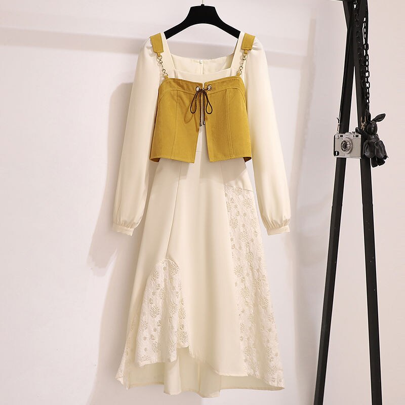 Spring Autumn Age Reducing Single/Outfits New French Fashion Style Vest Elegant Mid Length Dress Two Piece Set For Women