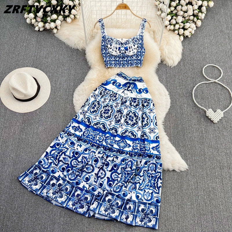 Fashion Summer Skirt 2 Pieces Set Women Design Spaghetti Strap Paded Crop Tops+High Waist Floral Printed Maxi Skirt Holiday Set
