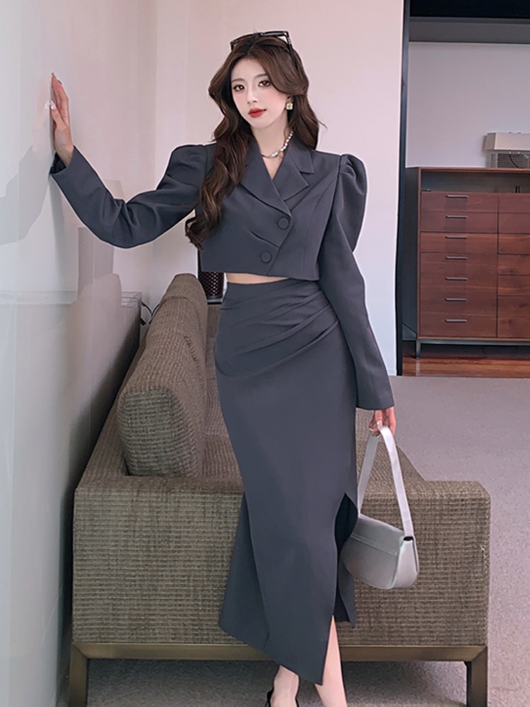 Autumn Temperament Blazer Two Piece Set Women Notched Puff Sleeve Short Tops + Ladies Office Split Pencil Midi Skirt Suits