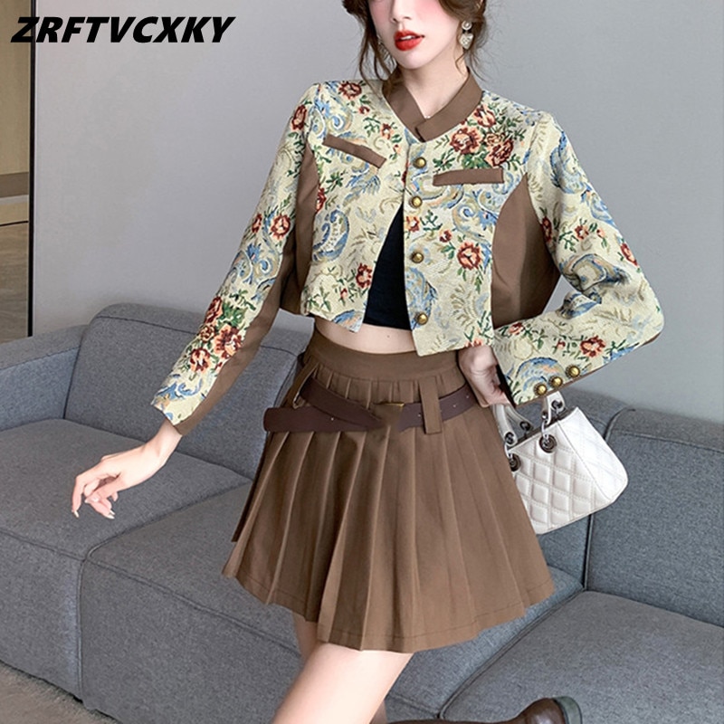 High Quality Autumn Two Piece Set For Women Vintage Jacquard Coat Top+Pleats Mini Skirt Suits Korean Ladies Fashion 2 Piece Sets