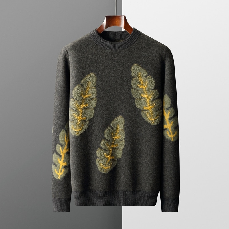 ZOCEPT Knitted Leaf Jacquard Thickened Sweater for Men Winter New 100% Merino Wool Pullover Chic England Style Round Neck Jumper
