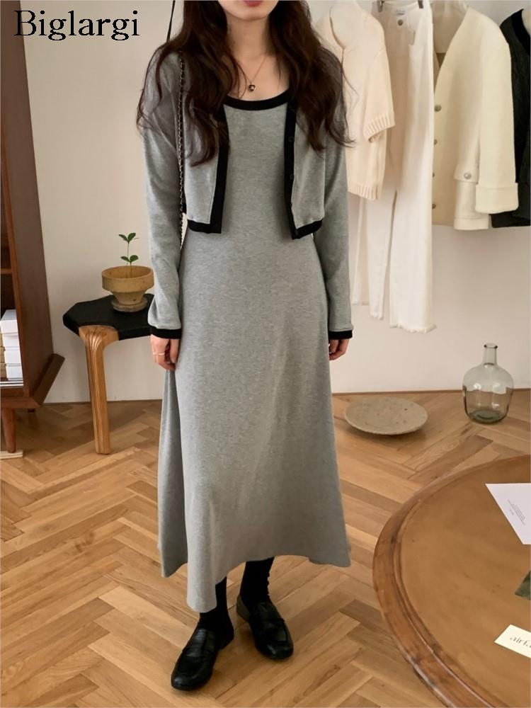 Autumn 2 Two Piece Set Women Korea Style Sleeveless Slip Pleated Long Ladies Dresses Bodycon Fashion Woman Cropped Cardigan 2023