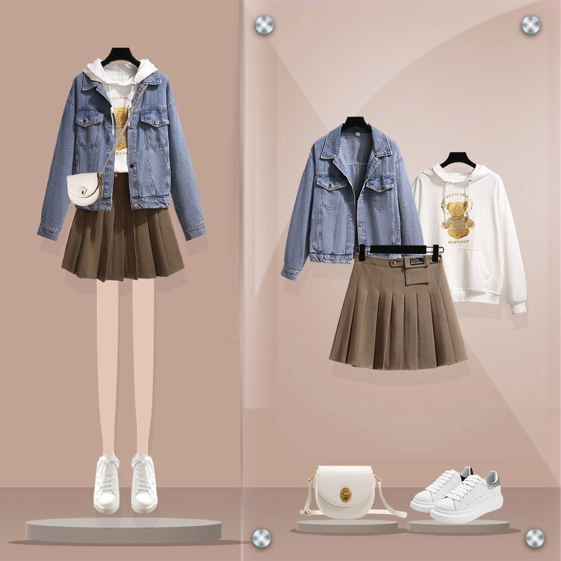 Women's Light Mature Style Single/Outfits Spring Autumn New Korean Version Loose Sweater Denim Coat Half Skirt Three Piece 