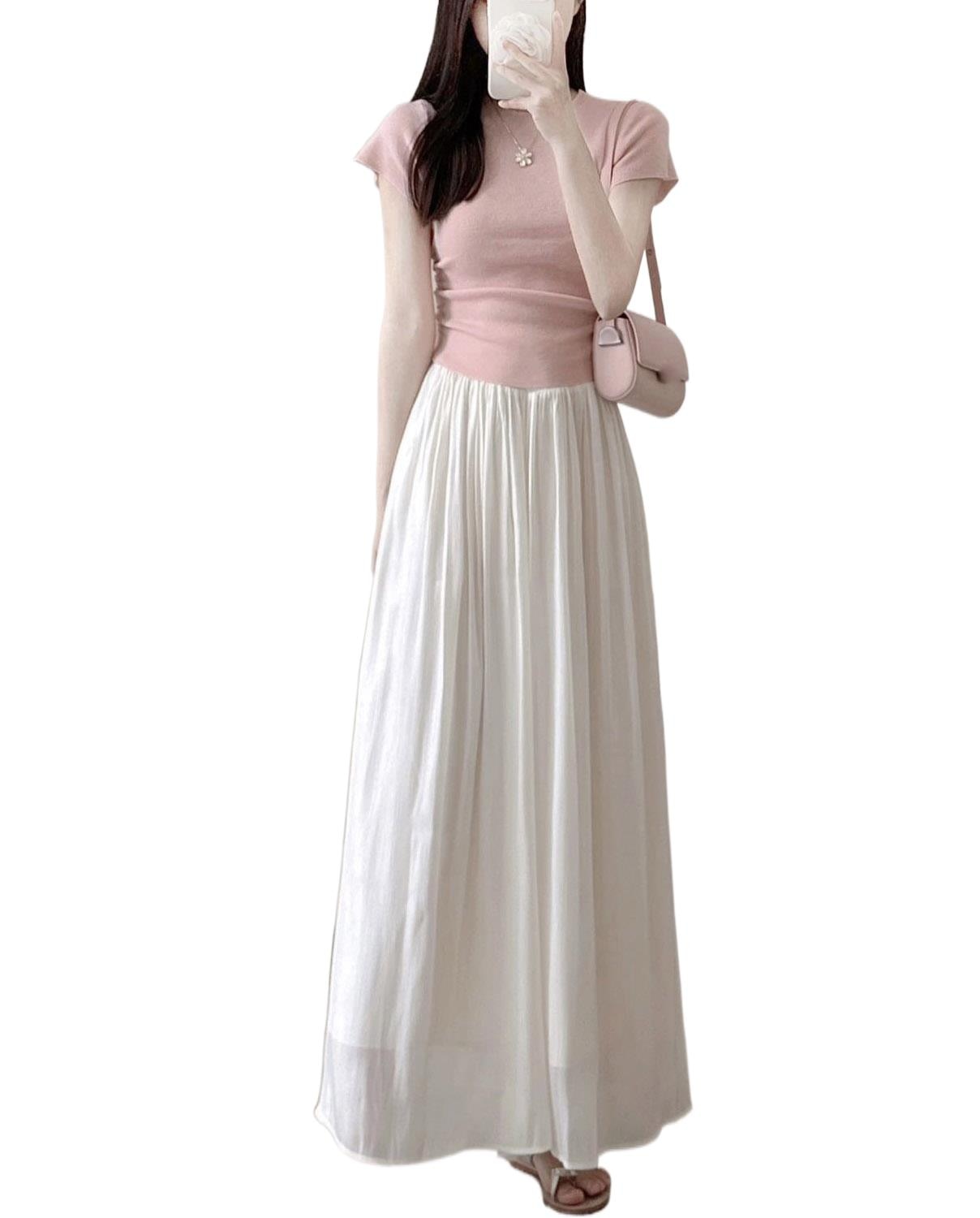 2023 Women's Clothing New summer suits round collar smoke plait sweater bust skirt collocation suits 0820
