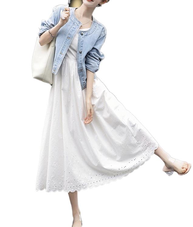 2023 Women's Clothing Summer New Denim Jacket with Suspenders an Embroidered Skirt Suit 0820