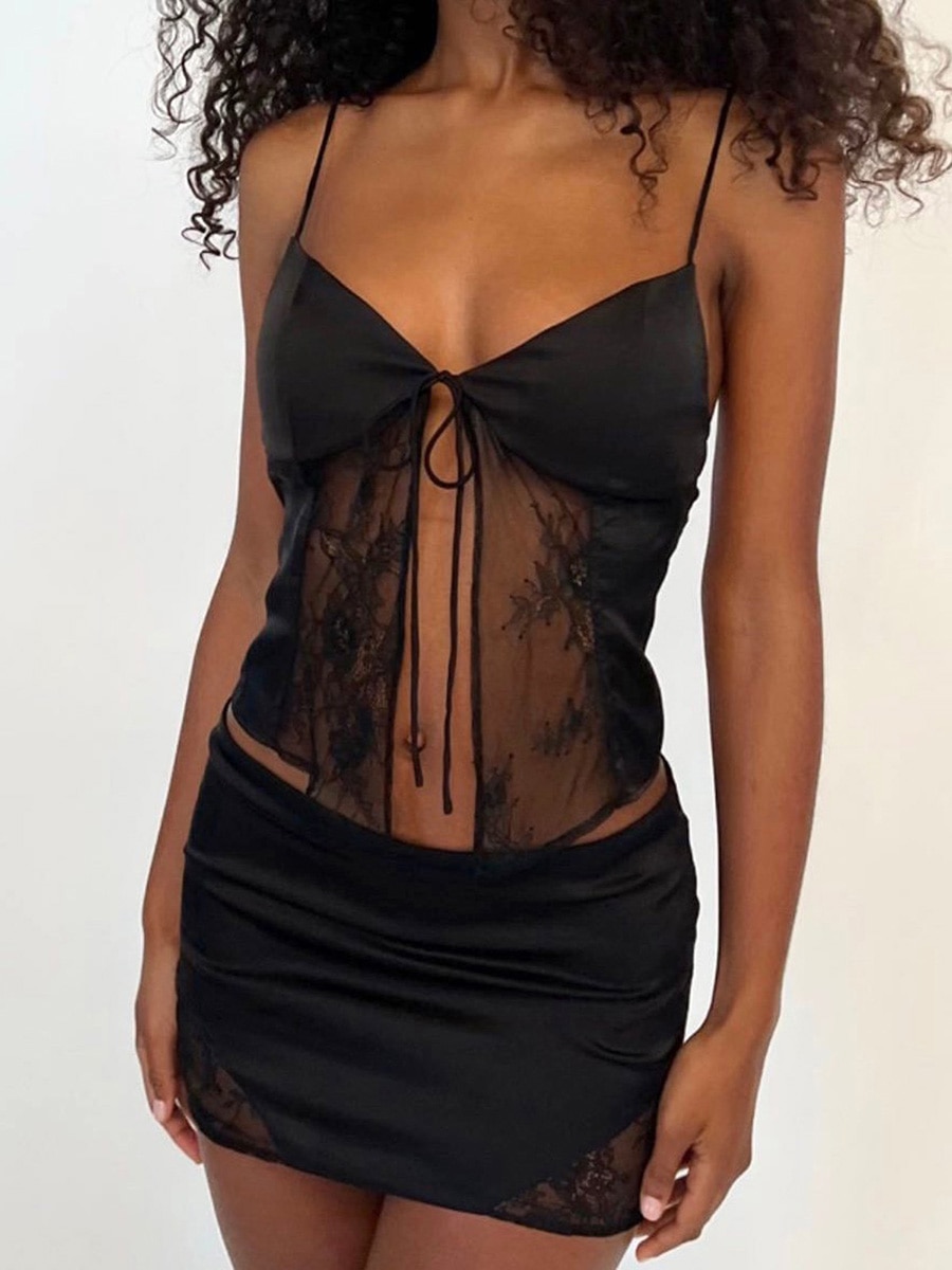 Lace Trim Two Piece Outfit for Women Sleeveless Crop Cami Top Short Mini Skirt Y2k 2 Piece Skirt Sets Beach Wear
