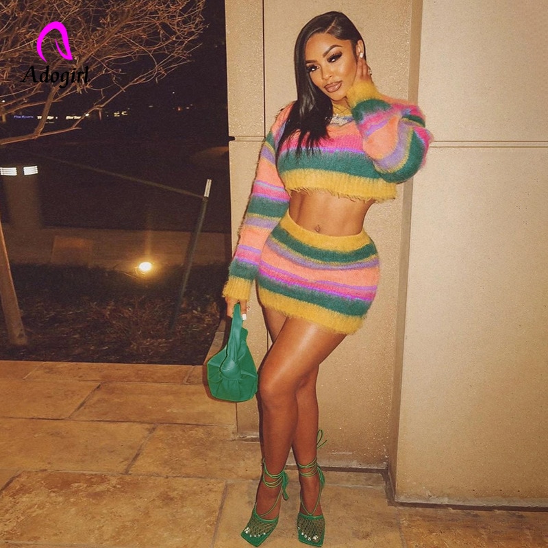 Knitted 2023 Fall Winter Patchwork Sweater Two Piece Dress Sets Women Striped Long Sleeve Crop Tops Bodycon Mini Skirts Suits