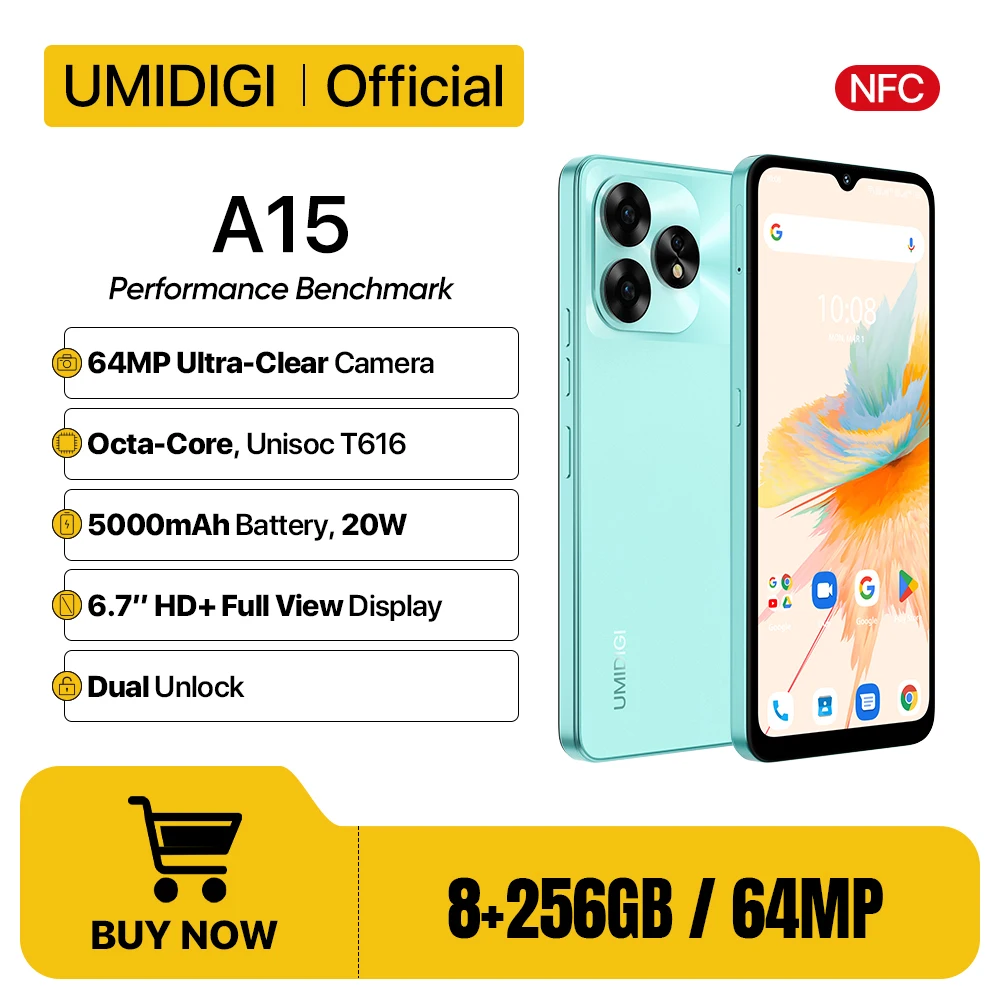 Смартфон UMIDIGI A15, A15C Android 13 Octa Core NFC 6.7” HD+ Waterdrop Screen 8GB 256GB 64MP 20W 5000mAh Battery Dual SIM