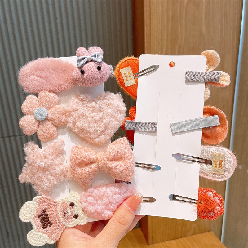 8Pcs/sheet Kawaii Bunny Duck Wool Hairpins for Children Kids Animal Plush Bow Floral Cartoon Hair Clip Headwear Hair Accessories