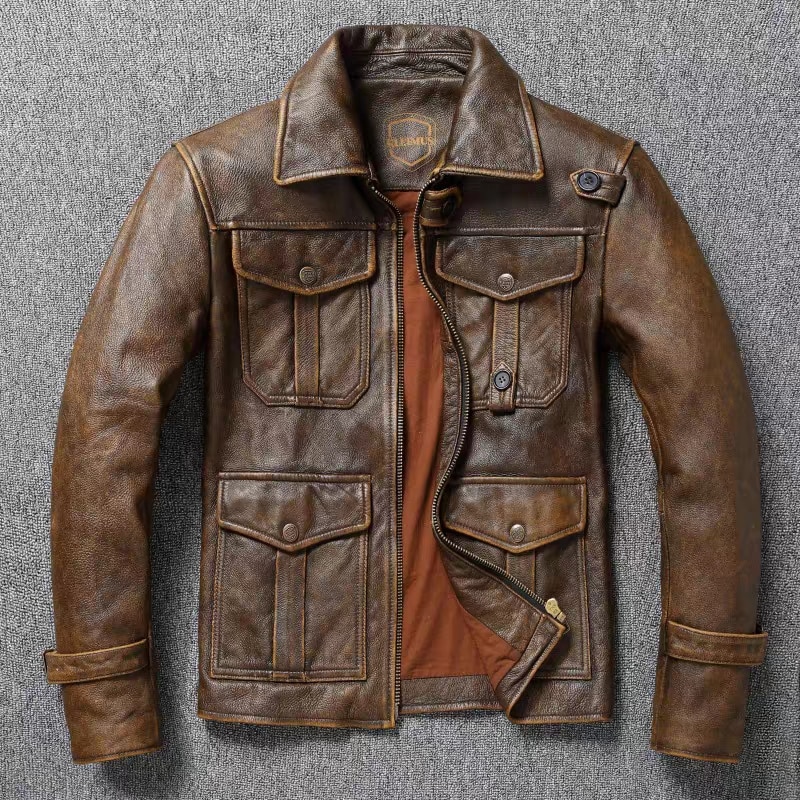 American Retro Genuine Leather Motorcycle Jacket Lapel Coffee Color Men's Leather Jacket Short Calfskin Jacket Fashion Jack