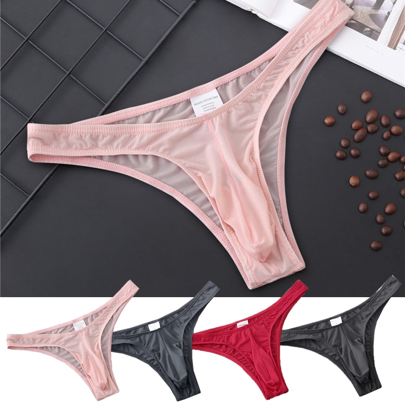Men Sexy Briefs G String Thong Low Rise Panties Underpants Translucent Ice Silk Ultra-thin Thong Mens Bikini Underwear
