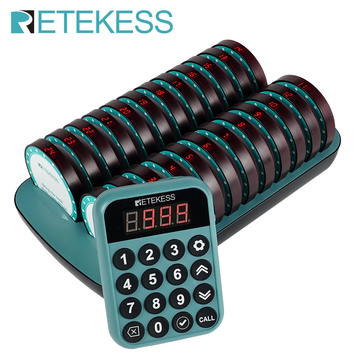 RETEKESS TD168R Wireless Restaurant Calling System 24 Vibrator Coasters Buzzer Bell Receivers for Food Trucks Coffee Bars