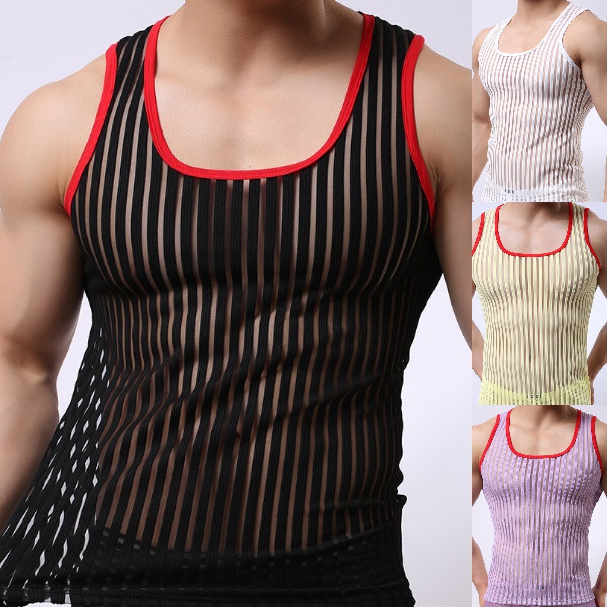 Wepbel Y2K Thin Men's Vest Top Mesh Transparent Summer Sleeveless Vest See-through I-Shaped Vest Trendy Men-Style Tank Tops