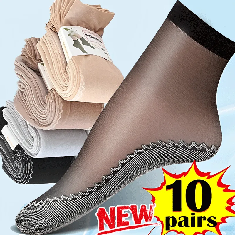 10Pairs New Spring Summer Women Soft Socks Velvet Silk Socks Non-Slip Bottom Splice Transparent Ladies Ultrathin Breathable Sock