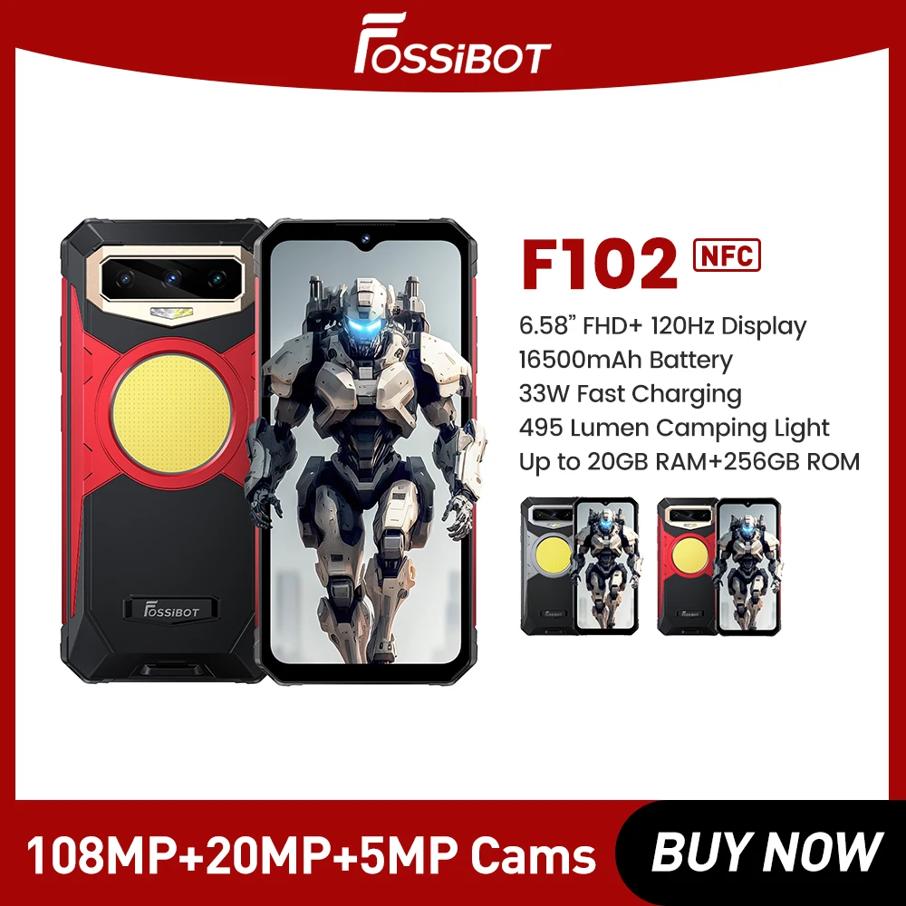 FOSSiBOT F102 Rugged Mobile Phone Android 13 Camping Light IP68&IP69K Waterproof 16500mAH 6.58'' FHD+120hz 32MP +1