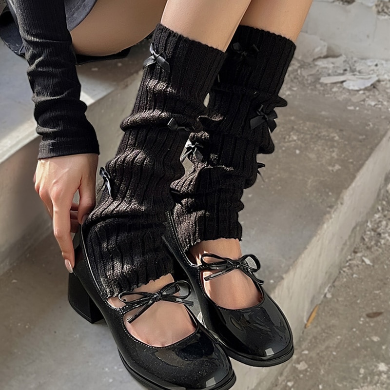Women Woolen Japanese Leg Warmers Girls JK Lolita Knit Bow Leg Socks Winter Autumn Y2k Stocking Harajuku Foot Cover Pile Sock