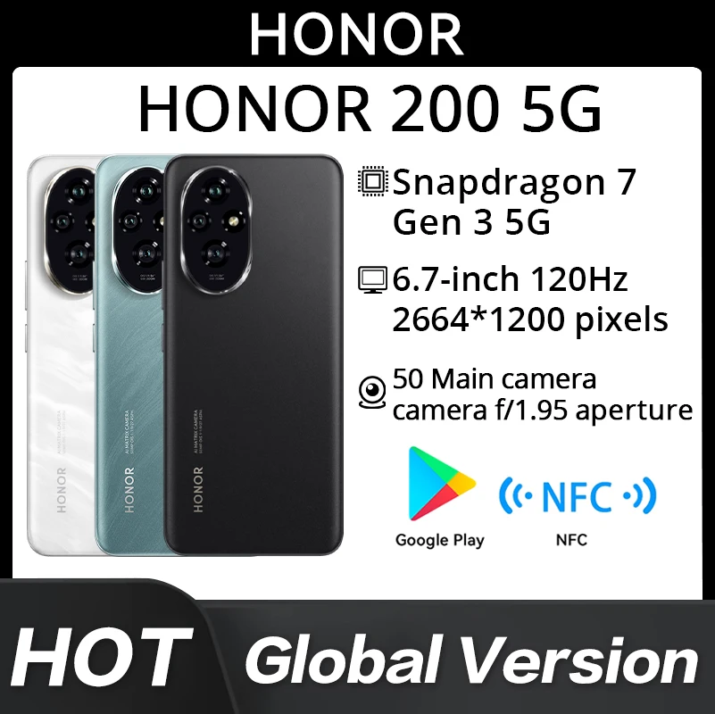 New Original Global Version Huawei Honor 200 Snapdragon 7 Gen 3 6.7'' 2664*1200 AMOLED 50MP 51000maAh 100W SuperCharge