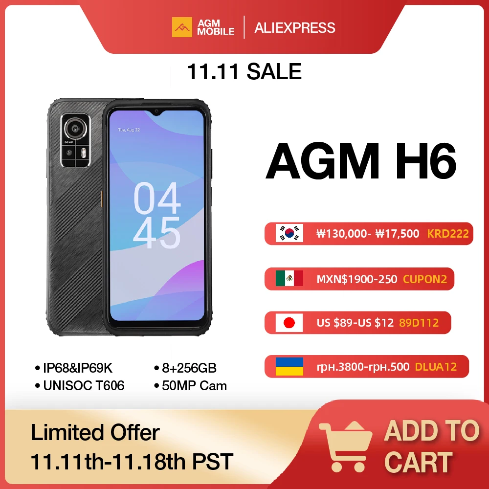 AGM H6 Rugged Smartphone 50MP Camera, 8GB+256GB, 90Hz 6.56' FHD+ Display Waterproof/Dustproof/Shockproof - Endurance Batter