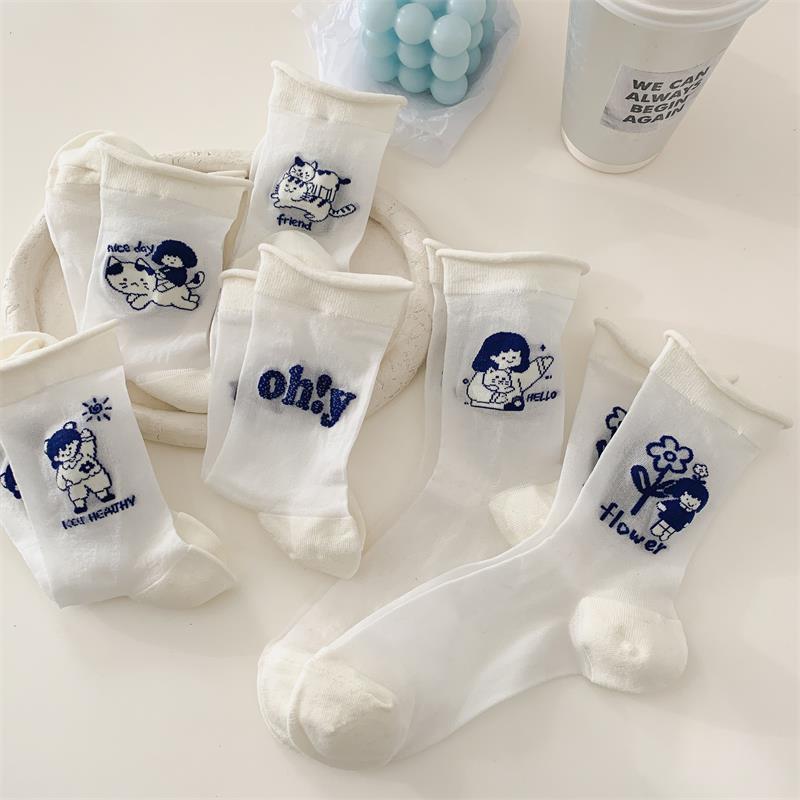Women Socks Thin Kawaii Cute Harajuku Japanese Style Spring Summer White Cartoon Mesh Ruffle Socks Sweet Lolita Calcetines Mujer