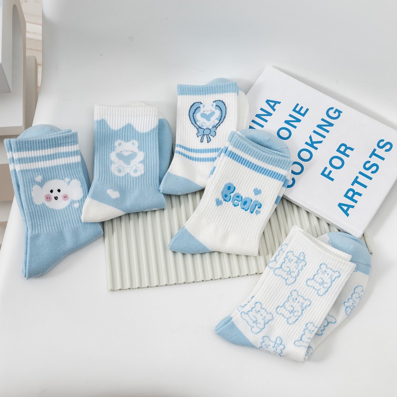 Women Socks Girls Gift Spring Fall Japanese Style Blue Cute Cartoon Socks Students Cute Cartoon Bear Wholesale Stockings Mujer
