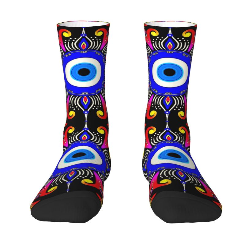 Fun Printed Mediterranean Evil Eye Socks for Men Women Stretchy Summer Autumn Winter Turkish Amulet Culture Crew Socks