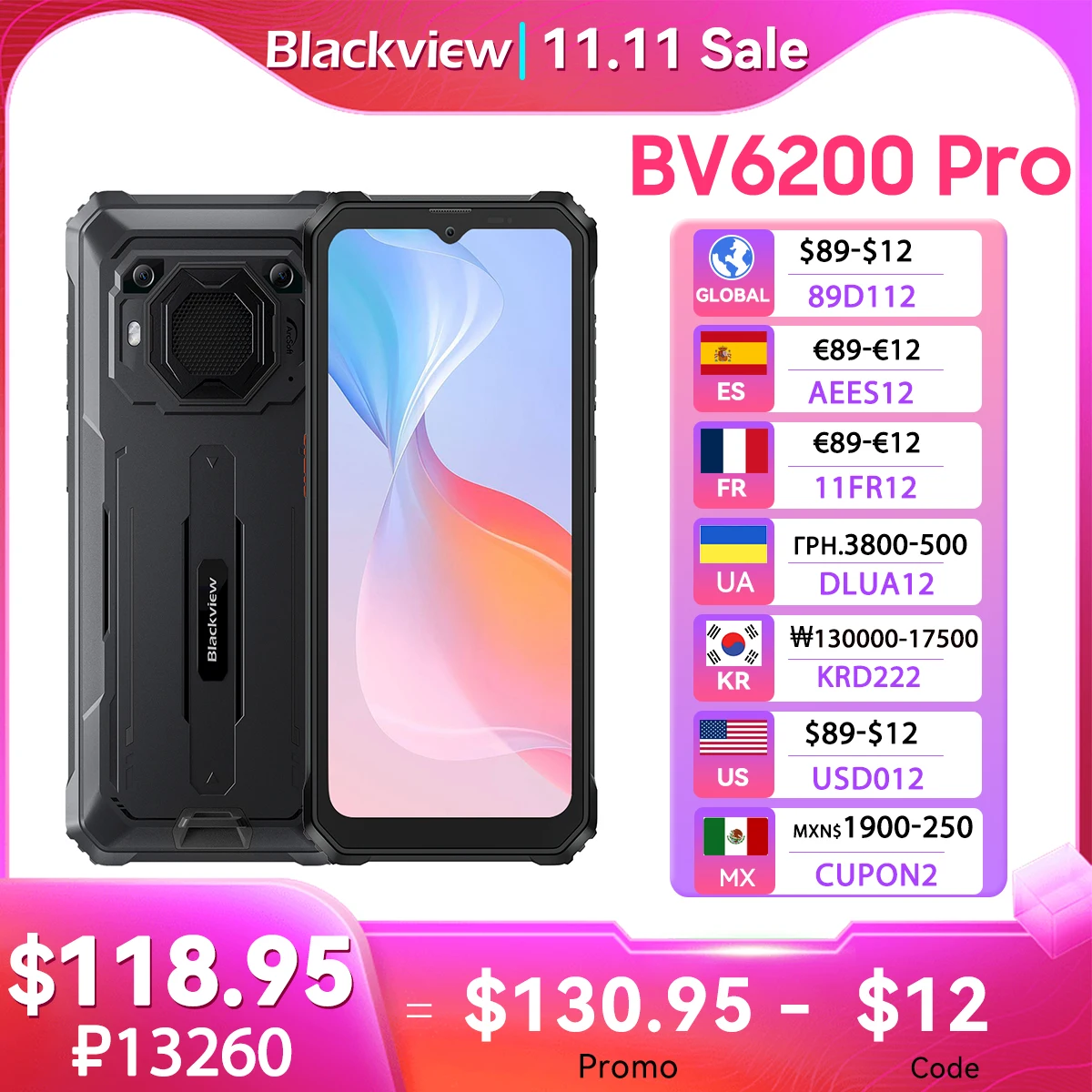 Blackview BV6200 Pro Rugged Phone Android 13 6.56'' Helio P35, 6GB+128GB Smartphone 13000mAh With 18W Fast Charge NFC 