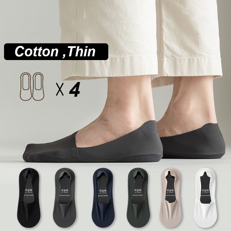 4 Pairs/Lot Men's Boat Socks 100% Cotton Deodorant Sweat Absorption Summer Sock Thin Breathable Silicone Non-slip Silk Meia