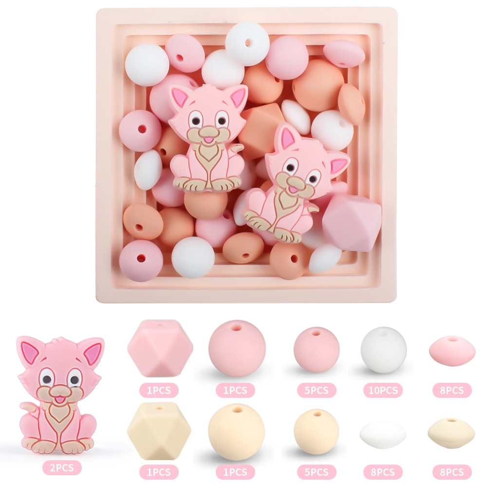 50Pcs/Set Silicone Beads Baby Sets kitten Shape Teething Beads Teether DIY Jewelry Necklaces Pacifier Chian Clips Accessories