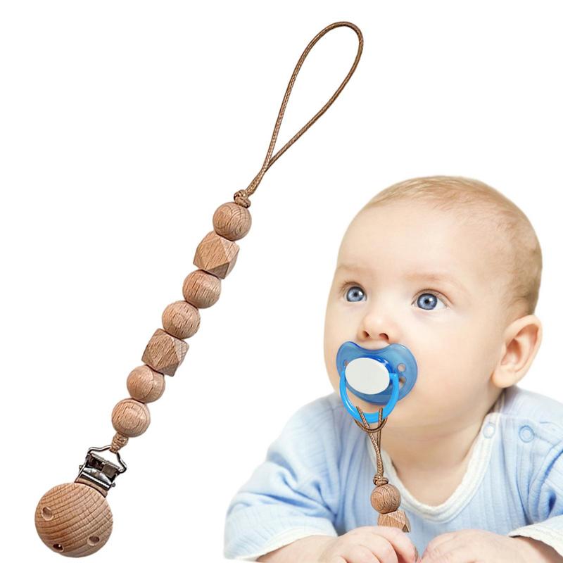 Pacifier Clip Wooden Teether Anti-Drop Chain Soother Chew Toy Cute Teether Anti-Drop Chain Flexible Holder Kids Travel Essential