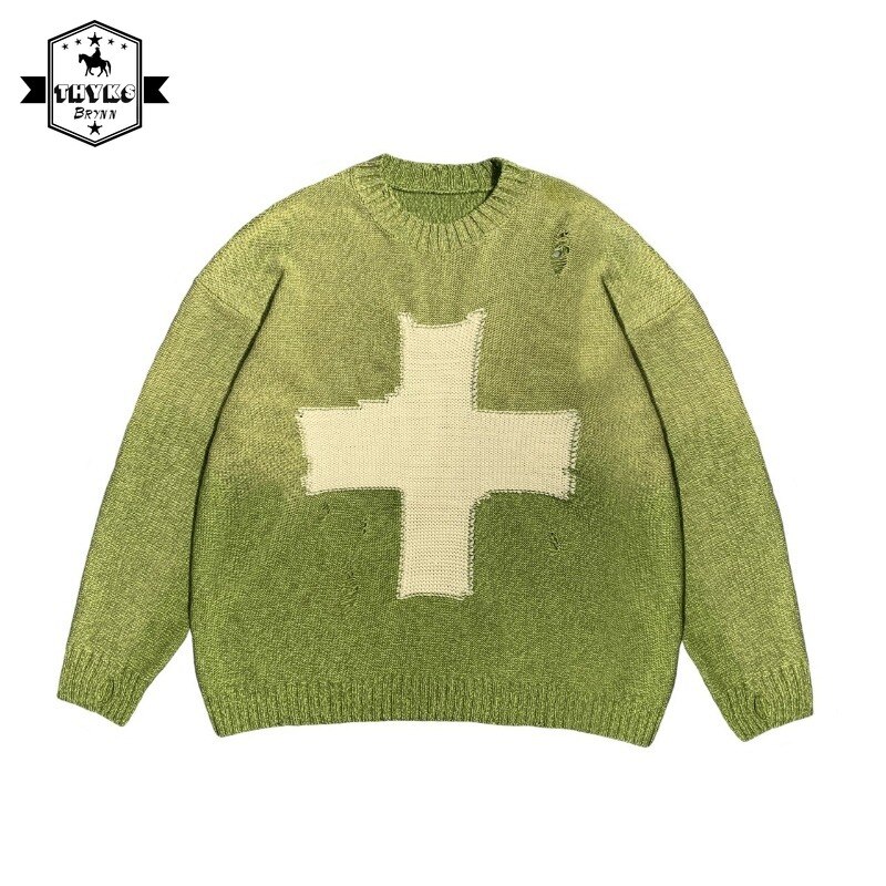 KAPITAL 23AW Winter Pullover Knitted Sweater Men Long Sleeve Gradient Cross Pattern Hole Broken O-Neck Oversize Harajuku Sweater