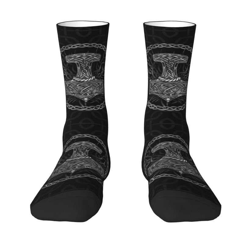 Novelty Mens Mjolnir The Hammer Of Thor And Tree Of Life Dress Socks Unisex Warm Breathbale 3D Print Norse Viking God Crew Socks