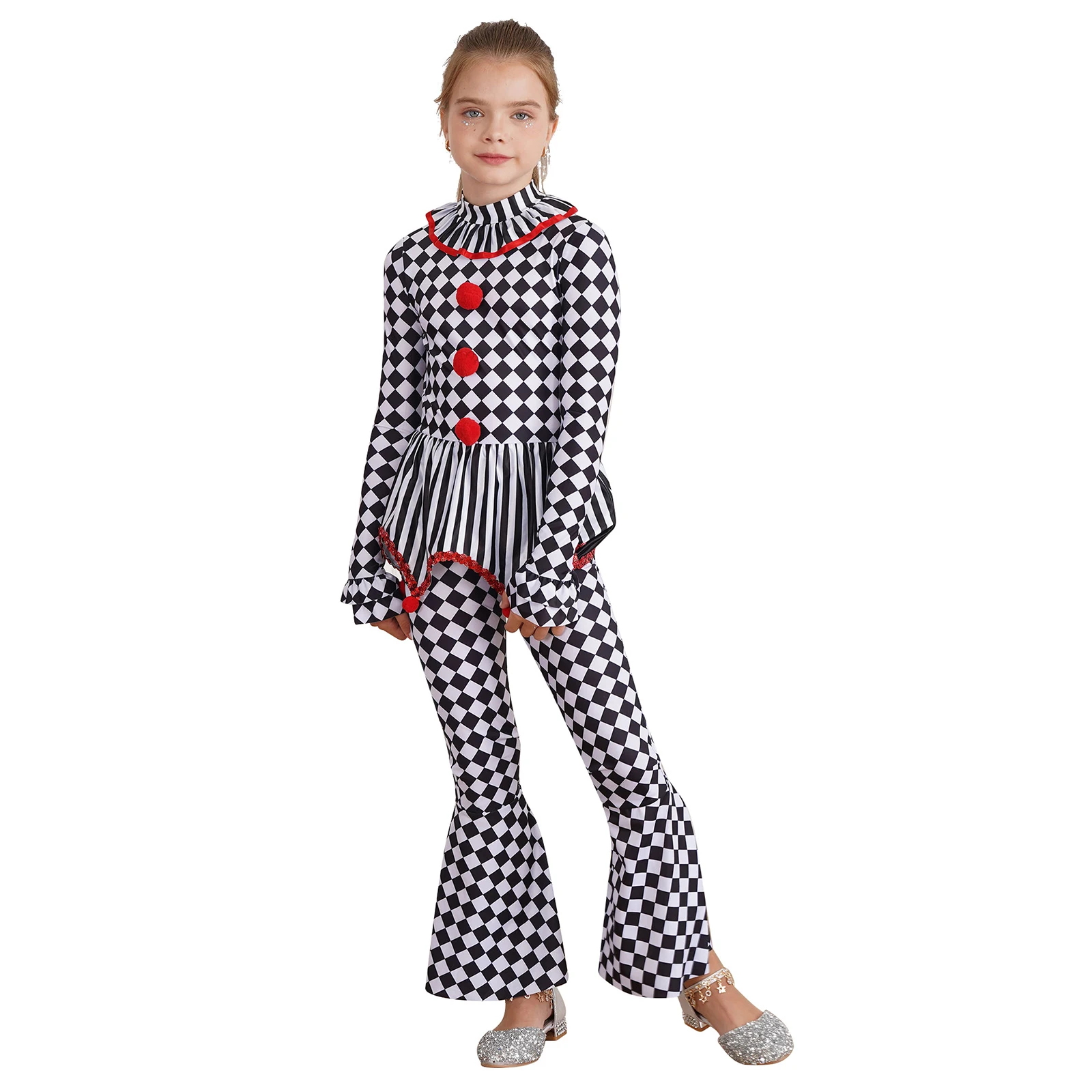 Kids Girls Halloween Circus Clown Cosplay Costume Carnival Party Performance Long Sleeve Pom Poms Checkerboard Print Jumpsuit