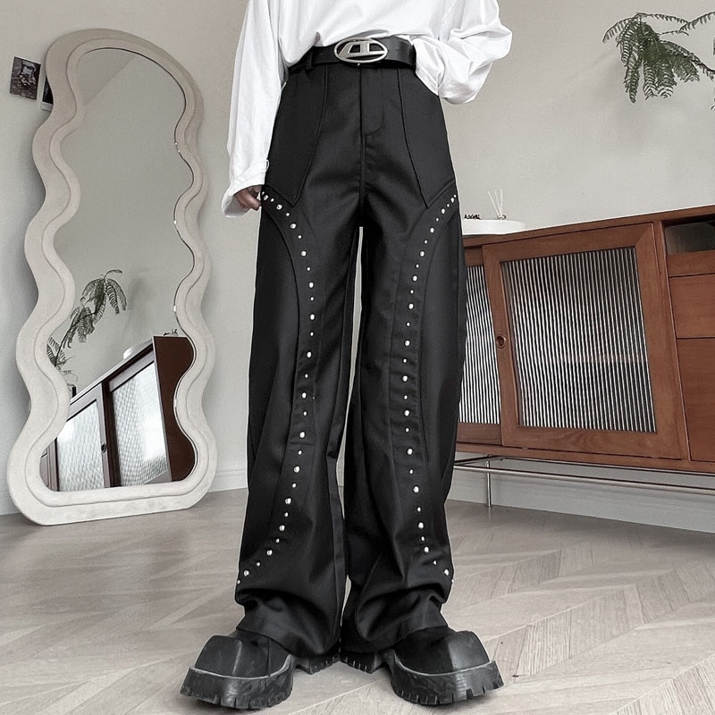 SYUHGFA Men's Casual Pants Metal Rivet Spliced Streetwear Korean Style Male Straight Trousers High Street Autumn Chic New
