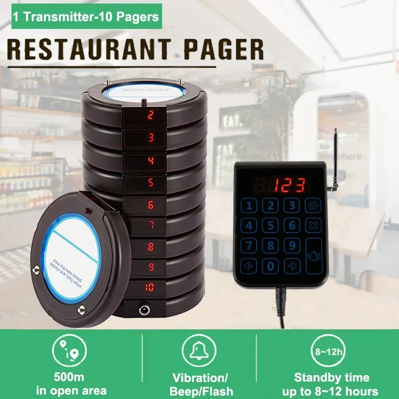 Restaurant Pagers Wireless Calling System 10 Vibrator Coaster Buzzer Beeper Receivers Queuing For Coffee Food Truck Bar Hotel