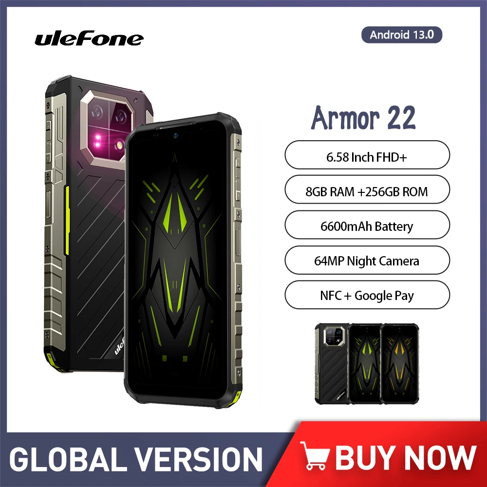 Ulefone Armor 22 Global Version Rugged Smartphone Android 13 6.58" 8GB+256GB Phones 64MP Night Camera 6600mAh 4G Cellphone 