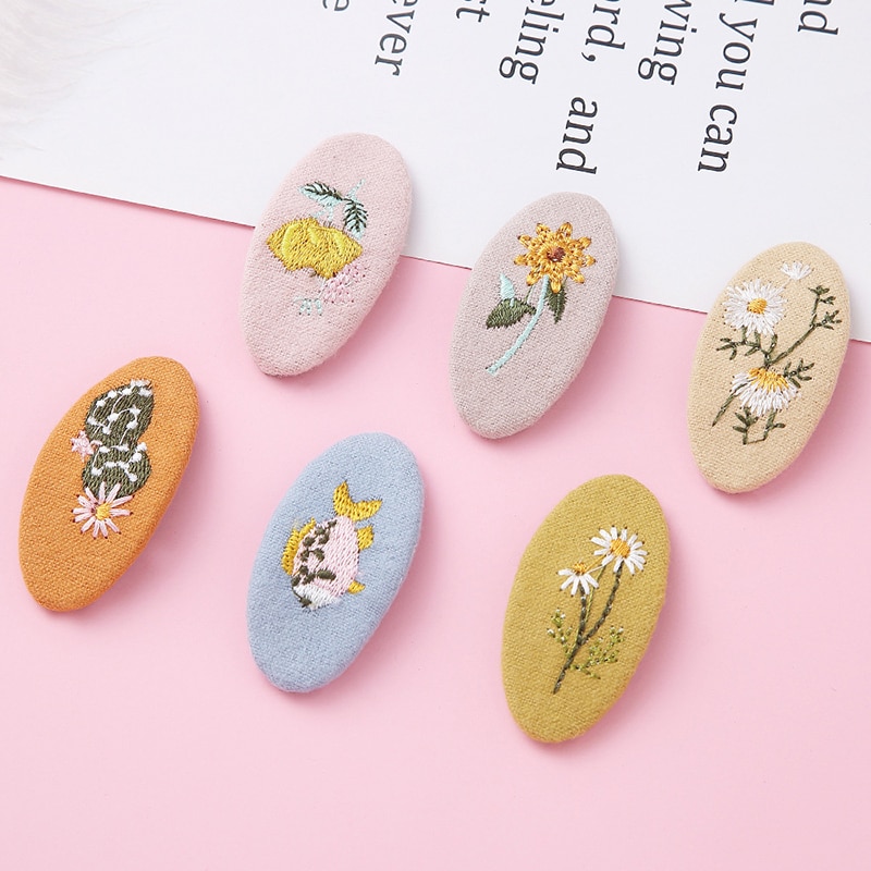 Girls Kids Flower Embroidery Daisy Hair Clip Hair Pins Children Geometric Sweet Girl Hair Accessories Vintage Hairpins Barrettes