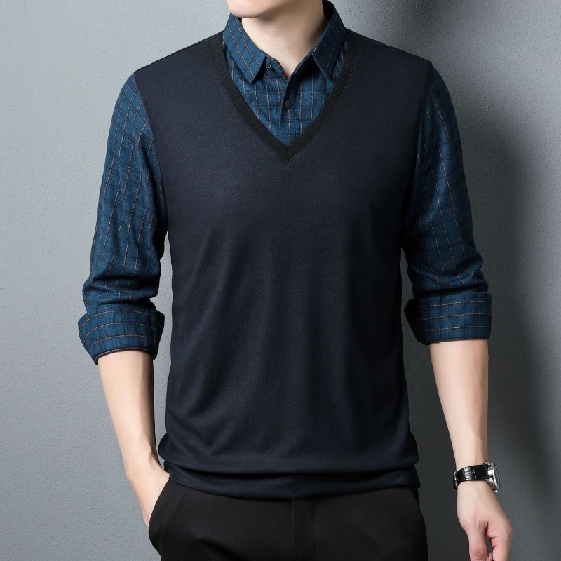 2023 Spring and Autumn Men's Pullover Fake Two Piece Polo Collar Contrast Plaid Button Bottom Long Sleeve Fashion Casual To