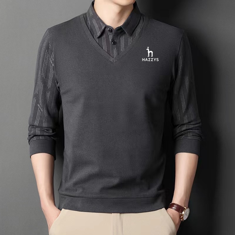 2023 HAZZYS Polo Shirt For Men Stripes Fake Two Pieces Long Sleeve Spring And Autumn Collared Printing Casual Polo Shirt Tops