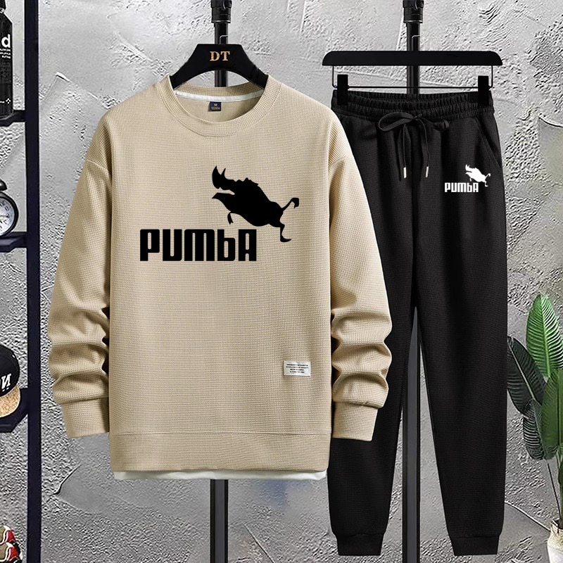 New Autumn Waffle Biscuit Men's Set Sportswear Set Long Sleeve Casual Jogging Sportswear Sweatshirt+Long Pants Men's S