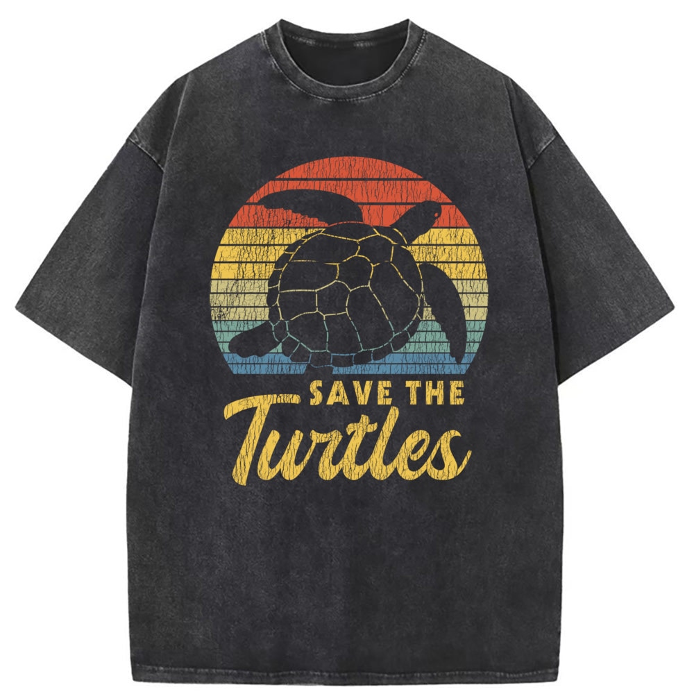 Save The Turtles Man Retro Graphic T-shirts Vintage Cotton Long Sleeve Tee Shirts Men Classic Printed Washed Clothing Sweatshirt