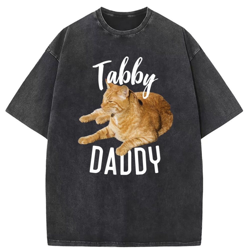 Tabby Cat Daddy Man Funny Animal Printed T-shirts Summer Fall Clothing Long Sleeve Tee Shirt Men Washed Sweatshirts Vintage