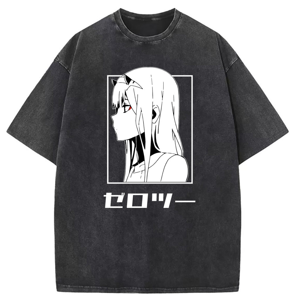 Darling Zero Two Anime T-shirts For Man Women Vintage Long Sleeve Tee Shirt Men High Quality Printed Washed Cotton Sweatshirts