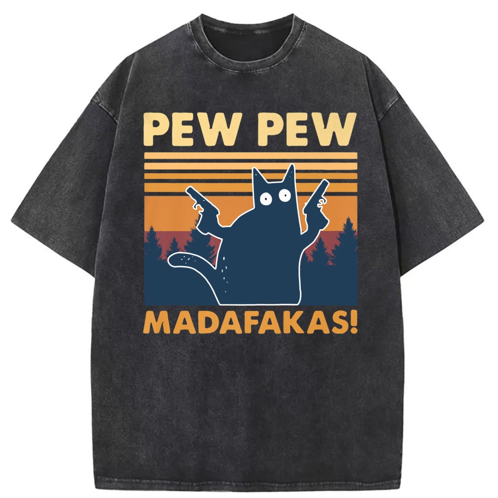 Pew Pew Cat Killer T-shirts For Man Madafakas Vintage Cotton Long Sleeve Tee Shirt Men Printed Washed Sweatshirts Clothing
