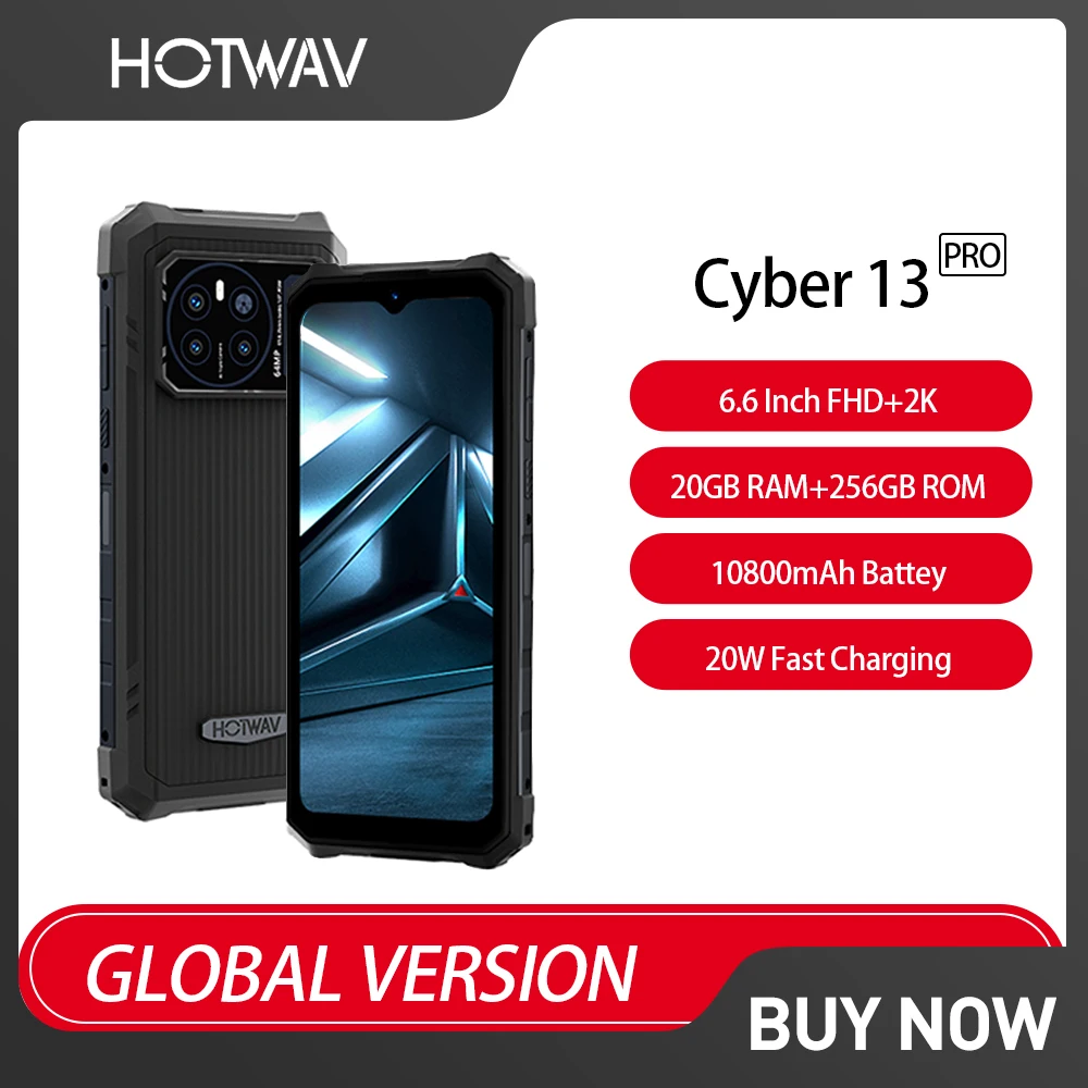 HOTWAV Cyber 13 Pro Rugged Smartphone 6.6'' FHD+ 2K 20GB+256GB 150LM Flashlight Mobile Phone 64MP 10800mAh Cellphone A