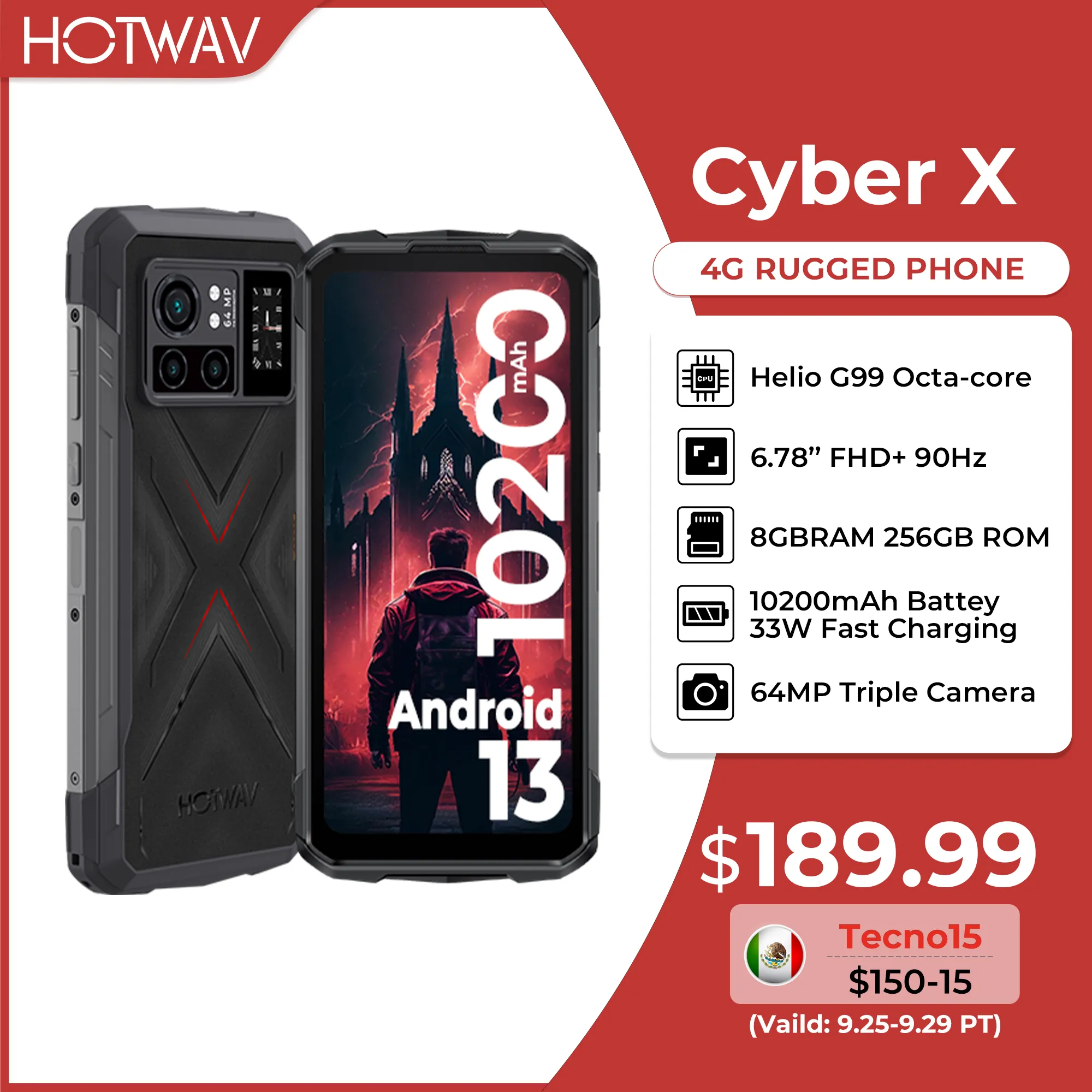 HOTWAV Cyber X Rugged G99 6.78'' FHD+ 90Hz Display 8GB+256GB Android 13 64MP 10200mAh Battery 33W Fast Charging 4G Han